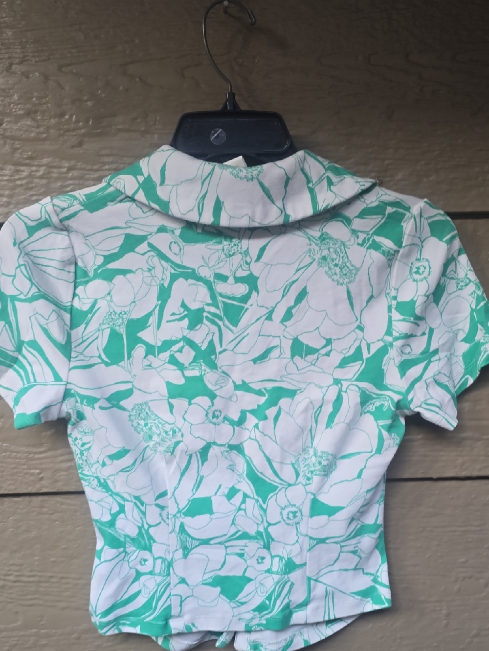 Anthropologie Maeve Green White Ruched Crop Button-down Collar Top Medium - Picture 5 of 5